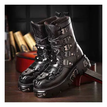 Новые мужские кожаные мотоциклетные ботинки в готическом стиле в стиле панк, резиновые сапоги на платформе, черные теплые армейские ботинки до середины икры, Модные ковбойские сапоги Плюс