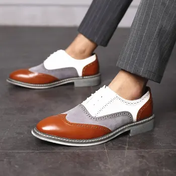 Новый стиль, мужские кожаные туфли-Оксфорды, официальное деловое платье с острым носком, мужские свадебные туфли на плоской подошве с перфорацией типа 