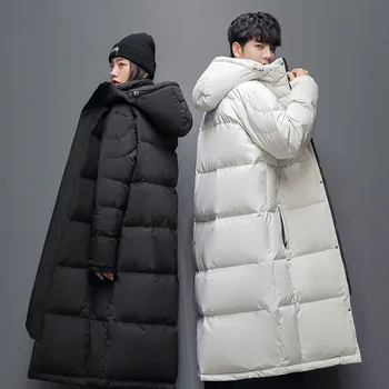 Пара длинных черно-белых пуховых хлопчатобумажных курток зима-осень, утолщающий теплый женский пуховик, длинное свободное мужское пуховое пальто