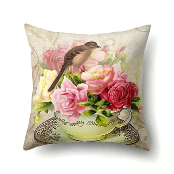 Подушка с растительным цветком, розовый цветок, птица, Льняные наволочки, Хлопковые чехлы для диванов и кресел в спальне, декоративная наволочка
