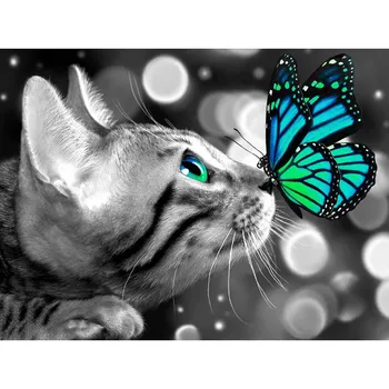 Полная квадратная алмазная картина Животное 5D DIY Кошка бабочка Вышивка крестиком Алмазная Мозаика Смола Алмазная вышивка Подарок для домашнего декора