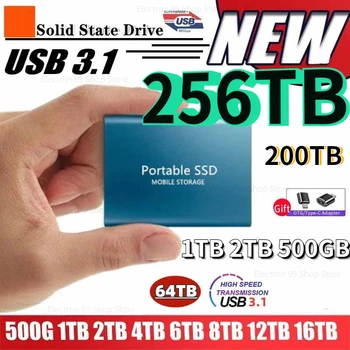Портативный SSD-накопитель емкостью 256 ТБ, Высокоскоростной мобильный твердотельный накопитель емкостью 1 ТБ, Внешний накопитель емкостью 16 ТБ с интерфейсом Type-C USB 3.1 для ноутбука/ПК