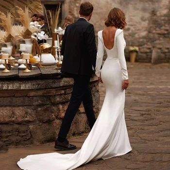 Простое Свадебное платье без рукавов с V-образным вырезом, Квадратный вырез Русалки, Длинные рукава, Атласное свадебное платье U-образной формы с открытой спиной, платье невесты