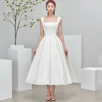 Простое короткое свадебное платье без рукавов с квадратным воротником, Трапециевидной формы, длиной до чайной, с открытой спиной, карманами и бантом, платья для регистрации новобрачных