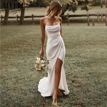 Простые белые Свадебные платья с разрезом сбоку, Платья Невесты без рукавов на бретелях, Свадебные платья с открытой спиной По доступным ценам