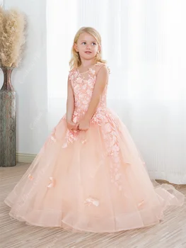 Розовые тюлевые платья Принцессы с цветочным узором для девочек С бабочками и цветочной аппликацией, бальное платье без рукавов, Праздничное платье для девочек