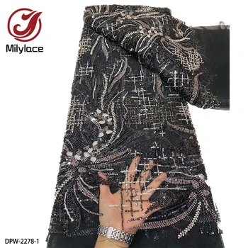 Роскошная тяжелая кружевная ткань с бисером, высококачественные кружева с блестками, французская кружевная ткань из тюля для свадебного платья, 5 ярдов DPW-2278