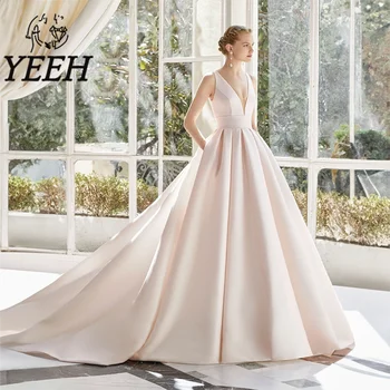Свадебное платье YEEH Illusion с V-образным вырезом, Элегантное Свадебное платье с открытой спиной и драпировкой, Простое платье со шлейфом из крепа, Vestido De Noiva для невесты