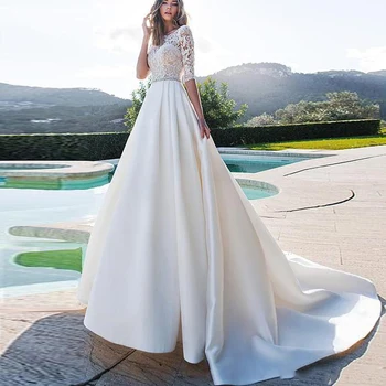 Свадебное платье принцессы с короткими рукавами, Элегантные атласные платья невесты Трапециевидной формы С аппликацией и карманами, Свадебное платье Vestido De Novia 2020