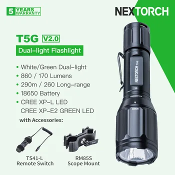 Фонарик Nextorch T5G V2.0 с двумя лампами, белый / зеленый свет, аккумулятор 1200 Люмен 18650, Дистанционный переключатель и крепление для прицела, для охоты