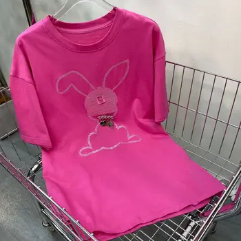 Хип-хоп Брендовые футболки с вышивкой мультяшного кролика, женские топы, кавайные рубашки для женщин, Хлопковая летняя розовая корейская модная уличная одежда