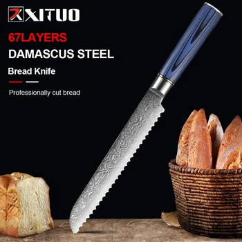 Хлебный Нож XITUO 8-дюймовый Профессиональный Японский Нож из Дамасской нержавеющей Стали с Синей ручкой Премиум-класса G10, Эргономичный Профессиональный Кухонный Нож