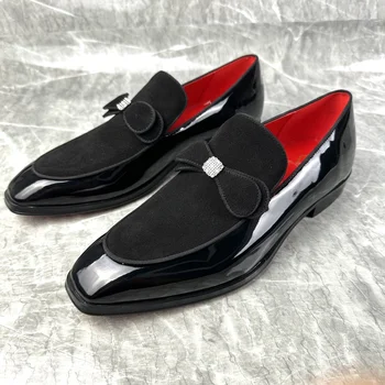 Черные мужские туфли из лакированной кожи, лоферы в итальянском стиле с бантиком-бабочкой, мужские модельные туфли без застежки ручной работы, вечерние и свадебные туфли