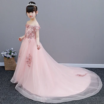Элегантные Детские платья для Первого Причастия с длинным шлейфом, бальное платье без плеч, платья с цветочным узором для девочек, свадебные платья принцессы