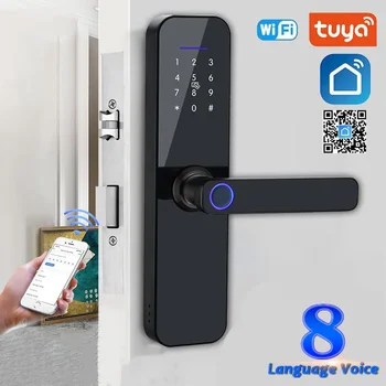 Электронный умный дверной замок Tuya Wifi С биометрическим отпечатком пальца/смарт-картой/паролем/ключом разблокировки/USB аварийной зарядки